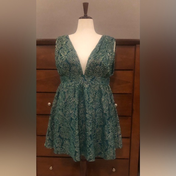Lulus Dresses & Skirts - Lulu's Teal Green Lace Plunge Mini Dress